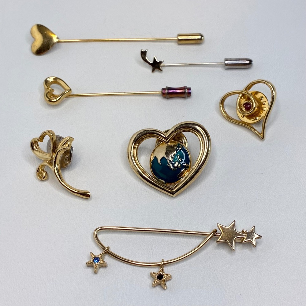 Vintage Pin Lot Avon Heart World Star Stick Pins Gold Tone Jewelry 7 Pieces